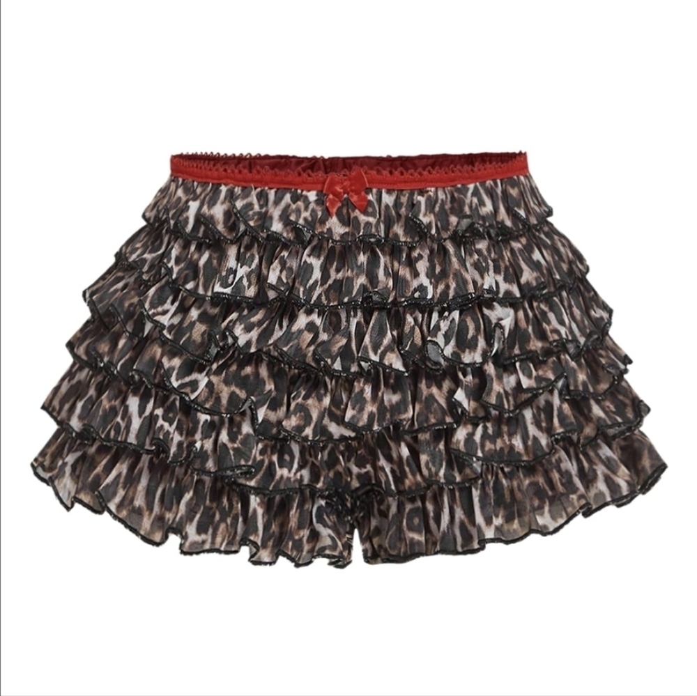 Women's Y2K Leopard Ruffle Lace Mini Layered Red Trim Shorts Low Waist Boho L